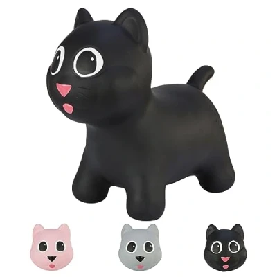 Immagine di Hoppimals Space Hopper Gatto Gonfiabile per Bambini di età Pari o Superiore a 12 Mesi Imballo con Confezione Regalo, Pompa Inclusa Cavalcabile Bambino, Palla rimbalzante Nero