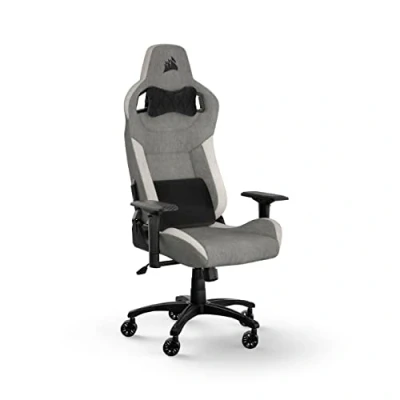 Immagine di Corsair T3 RUSH Fabric (2023) Sedia da Gioco, Tessuto Esterno Morbido Traspirante, Cuscino Cervicale Regolabile e supporto Lombare in Memory Foam, Grigio/Bianco