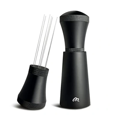 Immagine di Wdt Tool, strumento in lega di alluminio per caffè espresso con supporto, spessore 0,3 mm, acciaio inox, 7 aghi, distributore barista, nero (3 aghi ricambio)