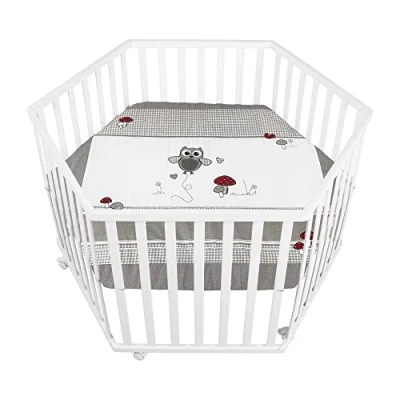 Immagine di roba Box per Bambini Adam &amp; Eule + Materasso, Esagonale, Ruote con Freni, Gufetto, Base Regolabile in Altezza, da 0 a 24 Mesi, Legno Laccato Bianco