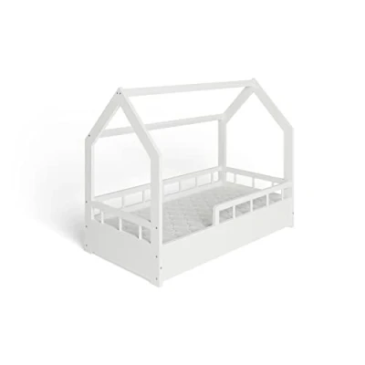 Immagine di MS FACTORY Letto Casetta in Massello con un Materasso 70x140cm Telaio a Doghe per Bambini Singolo Sponda Anticaduta Stile Scandinavo Nordico Montessori Mezze Barriere Bianche