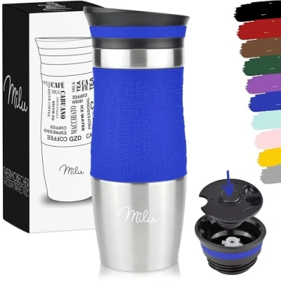 Immagine di Milu Tazza Termica da viaggio per caffè 370ml 450ml 100% a Prova di perdite Isolata e tè portare via bere in acciaio inossidabile Caldo freddo (Blu, 370ml)