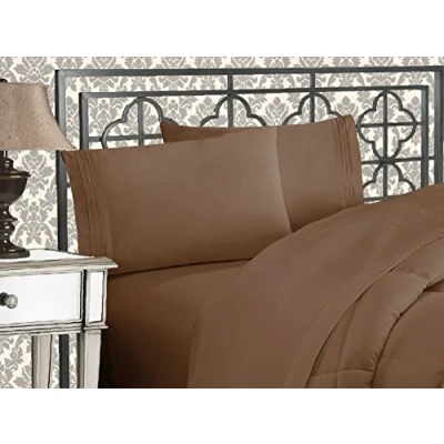 Immagine di Elegant Comfort Lussuoso set di lenzuola 1500 in microfibra qualità alberghiera, tre linee ricamate, morbide, 4 pezzi, resistente alle pieghe e allo sbiadimento, per letto matrimoniale/matrimoniale