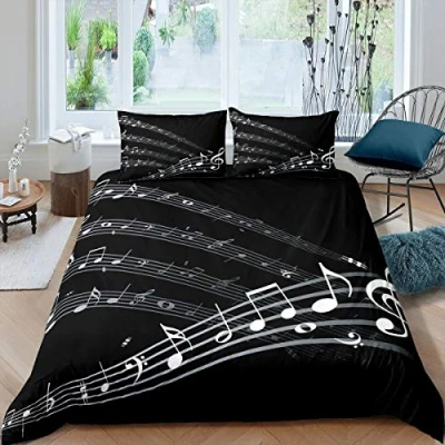 Immagine di Loussiesd Set di biancheria da letto con note musicali, per bambini, adulti, copripiumino a tema musicale, colore: bianco e nero, 3 pezzi 2 federe king size