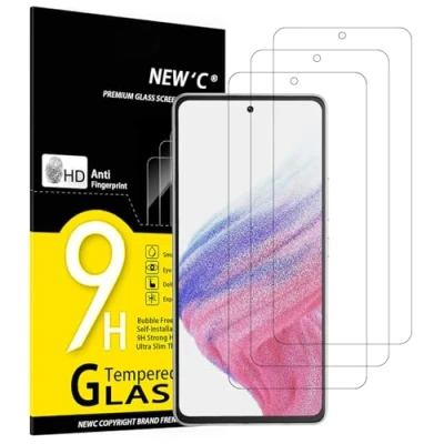Immagine di NEW&#039;C 3 Pezzi, Vetro Temperato per Samsung Galaxy A53 5G, Pellicola Prottetiva Anti Graffio, Impronte, Senza Bolle, Durezza 9H, 0,26mm Ultra Trasparente, Resistente