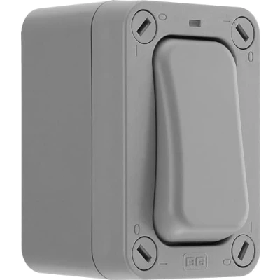 Immagine di BG Electrical Outdoor Slim Interruttore da parete singolo con indicatore LED, resistente alle intemperie, grigio, Nexus Storm, 2 vie, 20A, IP66, WP12S