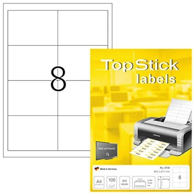 Immagine di TopStick etichette multiuso autoadesive, 8 per foglio A4, 100 fogli, 96,5 x 67,7 mm, 800 etichette, adesive universali vuote, stampanti laser e inkjet, bianco