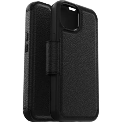 Immagine di Cover per iPhone 14 OtterBox Strada, resistente a shock e cadute, vero cuoio, 2 slot carte di credito, testata 3x vs norme MIL STD 810G, Nero