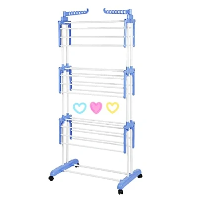 Immagine di LANTUS Stendino, 3 Livelli Stendibiancheria Verticale Allungabile con Ruote, Acciaio Inossidabile Stendino da Balcone Esterno, Stendipanni per Interno ((blu e bianco))