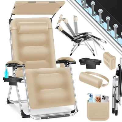 Immagine di KESSER® Lettino XXL pieghevole, Resistente alle Intemperie, Portata 200 kg, Rivestimento ergonomico, Schienale regolabile, Portabicchieri e Cuscino per le Braccia, Con Tenda Beige
