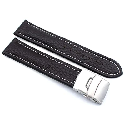 Immagine di Sulla Cinturino per orologio in vera pelle con fibbia deployante acciaio inox, cuciture bianche, marrone scuro., 22mm, cinghia