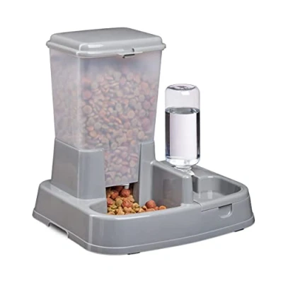 Immagine di Relaxdays Distributore Automatico di Acqua &amp; Cibo, 2 in 1, per Cani Gatti, Bottiglia, 4 l, Plastica, Grigio Scuro