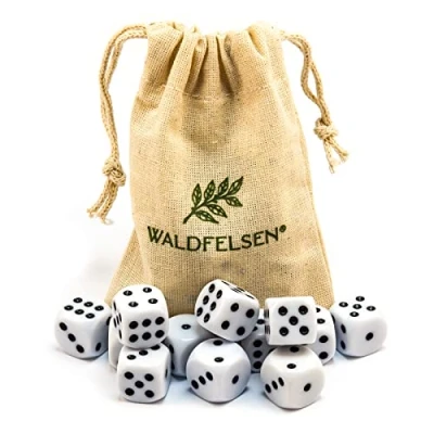 Immagine di Waldfelsen 6, 12, 20, 30 o 50 dadi di alta qualità, dimensioni standard 16 mm, acrilici, da gioco, 6 lati, set accessori gioco con sacchetto stoffa (bianco, 12 pezzi)