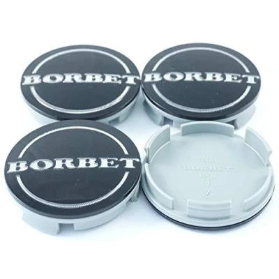 Immagine di Borbet Set da 4 coprimozzo originali, colore nero lucido con scritta color argento, diametro di 55 mm
