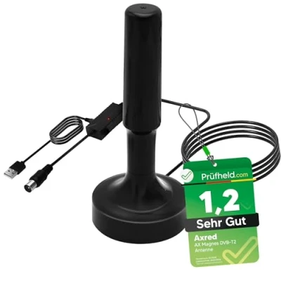 Immagine di Anadol AXRED Magnes DVBT2 antenna con amplificatore 30dBi per interni esterni, DVBT ricevitore, radio DAB DAB+, DVB T T2, cavo da 5 m