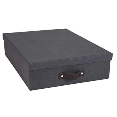 Immagine di Bigso Box of Sweden Organizer scrivania per fogli A4, cancelleria e altro Scatole portadocumenti con coperchio maniglia ufficio in cartone carta elegante effetto lino nero