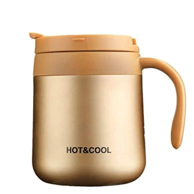 Immagine di Gteller Tazza da caffè in acciaio inox 350 ml, a doppia parete, isolata, con coperchio e manico, mantiene le bevande calde fredde (dorata)