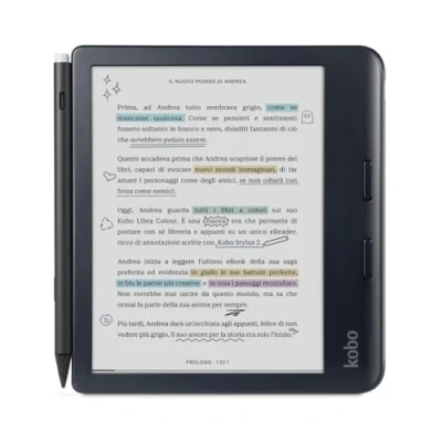 Immagine di Kobo Libra Colour con Stylus 2 eReader Display antiriflesso a colori E Ink Kaleido™ 3 da 7 Modalità Scura I Audiolibri Impermeabile (Nero)