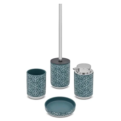 Immagine di Set Accessori Bagno Turchese Cobalto 4 Pezzi in Ceramica, Dispenser Sapone 350 ml, portaspazzolini, portasapone e scopino, Serie Circus