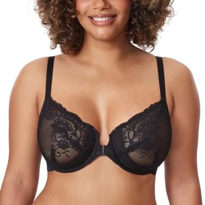 Immagine di DELIMIRA Donna Reggiseno in Pizzo Trasparente Apertura Frontale con Ferretto Taglie Forti Sexy Nero 6F