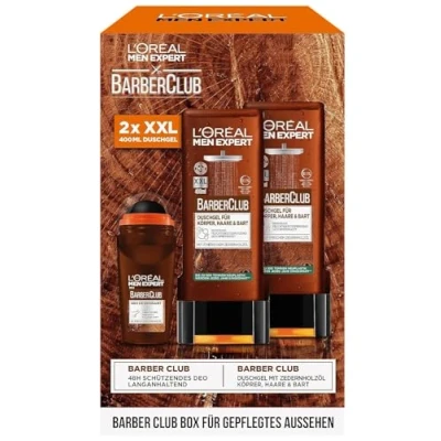 Immagine di L&#039;Oréal Men Expert Kit per la cura degli uomini, set regalo con gel doccia XXL e deorroller, da uomo, inclusi bodywash deodorante roll on olio di legno cedro, Barber Club, 2 x 400 ml,
