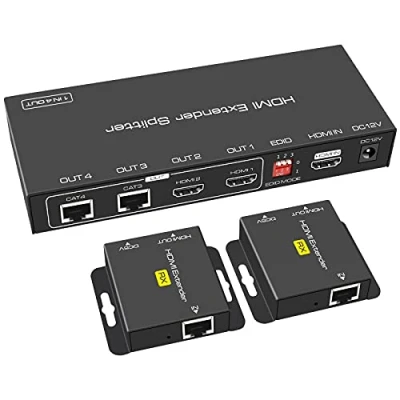 Immagine di VEDINDUST HDMI Splitter Extender 1 in 2 Out 50m(165ft), Over Cat5e/6/7 Ethernet Trasmettitore Ricevitore Supporto Preimpostazioni EDID 1080p POC (Solo bisogno di alimentazione TX per lavoro)