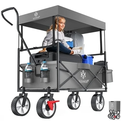 Immagine di KESSER® carrello pieghevole con tetto, per attrezzi, 2 tasche a rete e una tasca esterna, freno anteriore, pieghevole, pneumatici in gomma piena, portata fino 100 kg