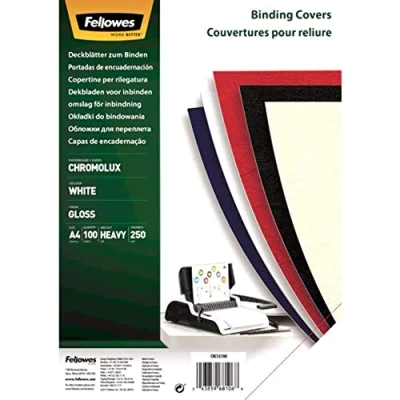Immagine di Fellowes 5378006 Copertine per Rilegatura Chromolux, Formato A4, Confezione da 100 Pezzi, Bianco