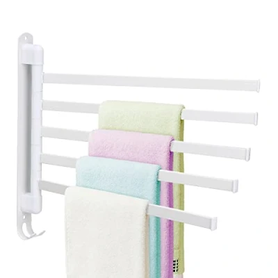 Immagine di Pcscevcr Portasciugamani girevole, in acciaio inox, da parete, con ganci, semplice barra per asciugamani, cucina, bagno, WC (bianco, 5 binari)
