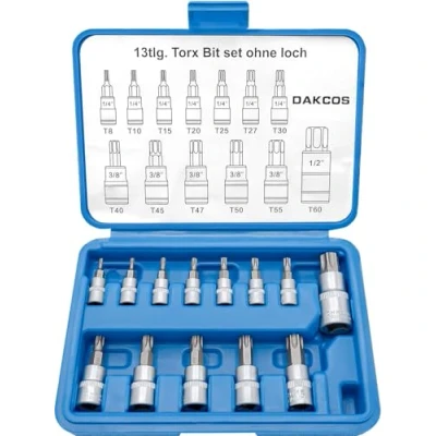 Immagine di DAKCOS set di 13 chiavi a bussola Torx T8 T60, punte da 1/4&quot;, 3/8&quot;, 1/2&quot;, CR V e punta S2