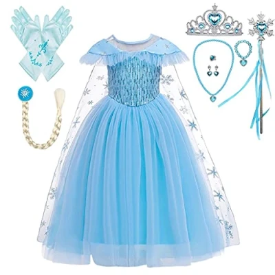 Immagine di Lito Angels Vestito da Principessa Elsa con Strascico di Fiocchi Neve e Accessori, Costume Regno Ghiaccio per Bambina, Taglia 6 7 Anni Stile B