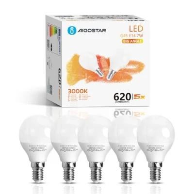 Immagine di Aigostar Lampadine LED E14, 7 W Equivalenti a 49 W, Luce Bianca Calda 3000K, 620 Lumen, G45 Lampadina, Pacco da 5