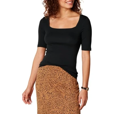 Immagine di Amazon Essentials T Shirt Aderente con Scollo Quadrato e Mezze Maniche Donna, Nero, XL