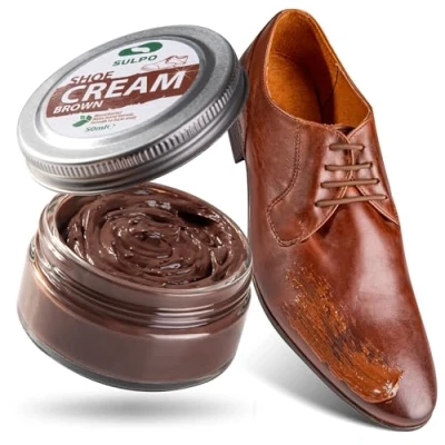 Immagine di SULPO lucido per scarpe marrone Cura pelle crema pulire ravviva liscio in pulizia a base d&#039;acqua 50 ml