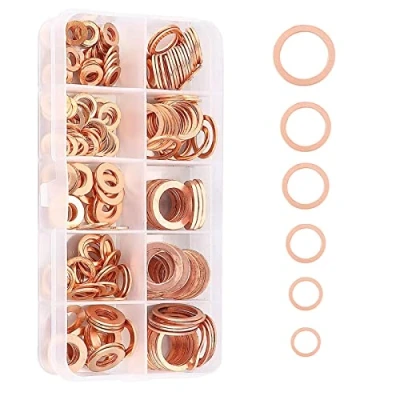 Immagine di 200 pezzi Rondella di Rame,Rondelle Piatte,Guarnizioni in ottone con scatola smistamento,(9 Misure) per i dispositivi fissaggio a vite (M5 M6 M8 M10 M12 M14)