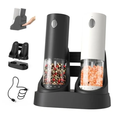Immagine di CIRCLE JOY Set Macina Elettrico per Sale e Pepe con Stazione di Ricarica Doppia Facile da Trasportare, Contenitore Trasparente Lavabile 95ml, Luce Led Bianca Granulosità Regolabile, Bianco Nero