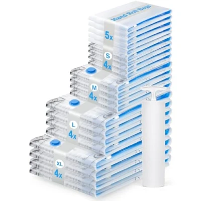 Immagine di BoxLegend Sacchi Sottovuoto Vestiti 21 pezzi, sacchetti Salvaspazio 4XL + 4L 4M 4S e 5 Rotoli di per vestiti, con pompa a mano,