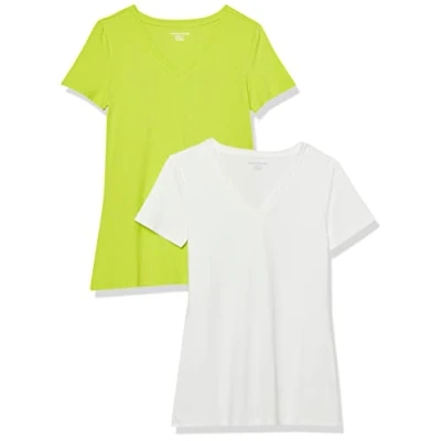 Immagine di Amazon Essentials T Shirt con Scollo a v Maniche Corte vestibilità Classica Donna, Pacco da 2, Verde Lime/Bianco, S