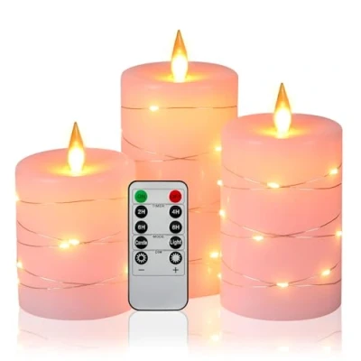 Immagine di candele LED Angolo di visione a 360 gradi, con luci stellate, 3 pezzi telecomando 10 tasti, funzione timer 24 ore, fiamma danzante, cera reale (Rosa).