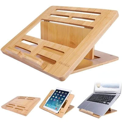Immagine di Gocokia Bamboo Fodable Laptop Notebook Riser Stand Desktop Regolabile con 4 Angoli Mount Holder Supporto Pieghevole Cooler per MacBook, Tablet,