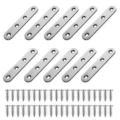 Immagine di PALUDO Piastre Staffa Piatta Forata in Acciaio Inox │10 Pezzi di Giunzione Metallo per Riparazione │ Placche Supporto Fissaggio Staffe Mensola Mobili con Viti (76 x 16 mm)