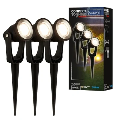 Immagine di Briloner Sistema da giardino Connect to Shine 12V, set di 3 faretti LED con picchetto, prolunghe, IP65, luce bianca calda, illuminazione giardino, faretto 22,5x6x5 cm, nero
