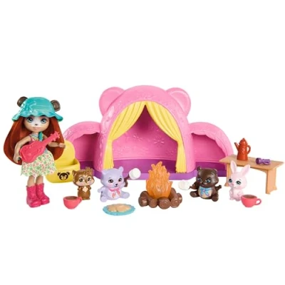 Immagine di Enchantimals Tenda da Campeggio delle Coccole, playset con Bambola e Un Amico Cucciolo, Tenda, Sacco a Pelo, falò Tanti Altri Accessori Inclusi, Giocattolo per Bambini, 4+ Anni, HTW71
