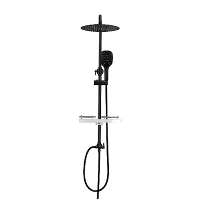 Immagine di Görbach Colonna Doccia idromassaggio Nero in INOX 304 Soffione Senza Miscelatore Set a Pioggia con Doccetta e Mensola,Soffione (D20cm)