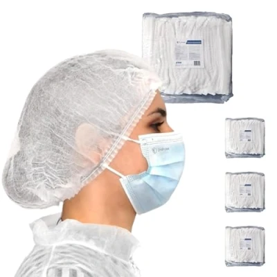 Immagine di OneProtek Set di 4x 100 Cuffie monouso TNT per capelli Bianco Cuffia modello Plissè Copricapo usa e getta non tessuto traspirante