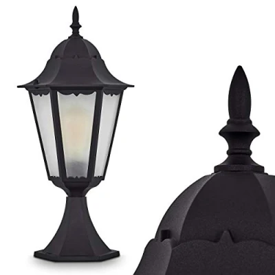 Immagine di lampada da esterno Hongkong Frost, di base in stile antico, fusione alluminio nero opaco con vetro, luce percorso 49 cm, giardino retrò, E27, IP44, senza lampadina/e