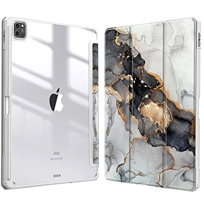 Immagine di FINTIE Custodia per iPad Pro 12.9&quot; (6a Generazione 2022) [Built in Pencil Holder] Antiurto Sottile Case Posteriore Trasparente Cover 2021/2020/2018, Cloudy Marble