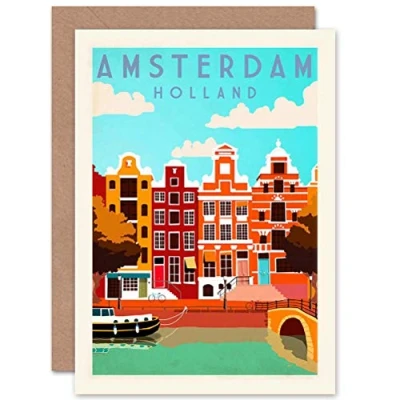 Immagine di Wee Blue Coo Holland Amsterdam Canal Barge Colourful Sealed Greeting Card Plus Envelope Blank inside Canale Colorato