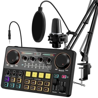 Immagine di Pacchetto attrezzatura podcast all in one SINWE interfaccia audio completa con microfono a condensatore, mixer alimentazione Phantom 48V Ideale per podcast, streaming, gaming, YouTube e TikTok