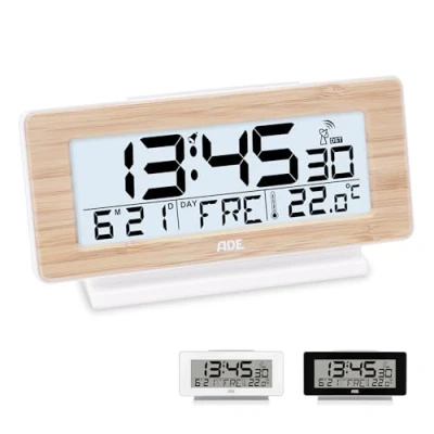 Immagine di ADE Radiosveglia digitale con batteria, orologio da tavolo indicatore di temperatura e calendario, cassa frontale in vero bambù, display LCD illuminazione premendo un pulsante